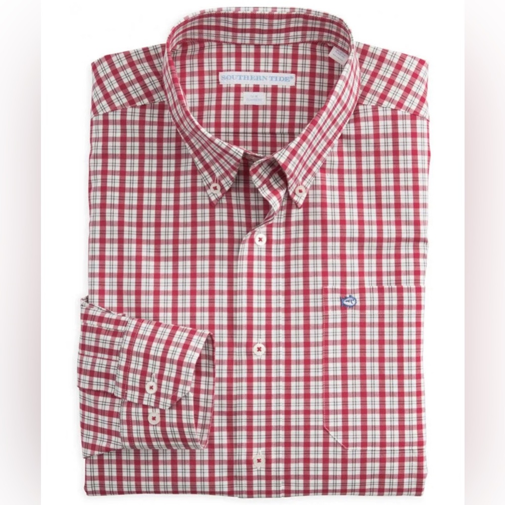 Southern Tide Men’s Port Royal Plaid Classic Fit Sport Shirt Red Small